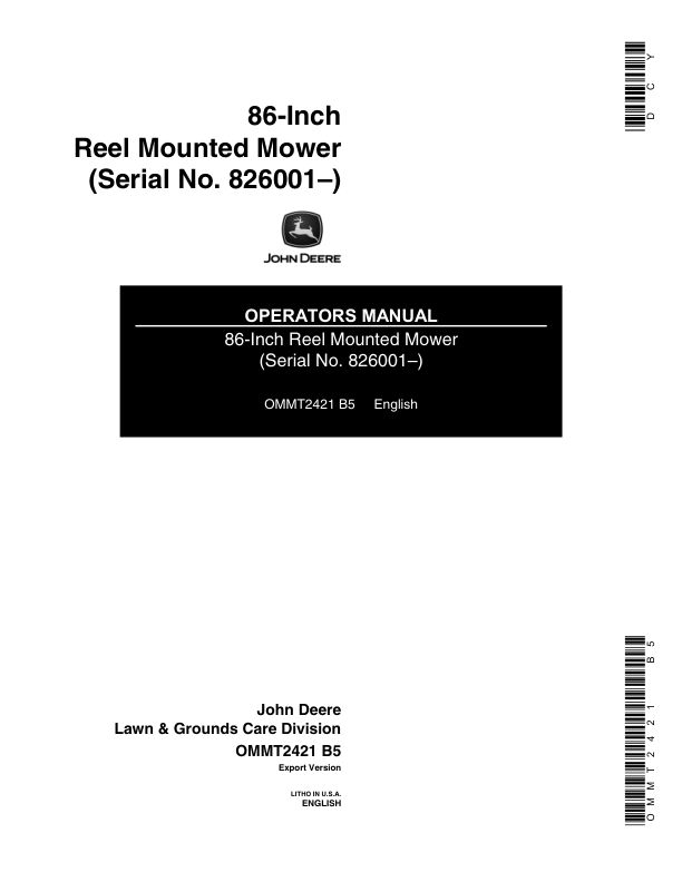 John Deere 86-Inch Reel Mounted Mower Operator’s Manual (OMMT2421) Workshop Guide