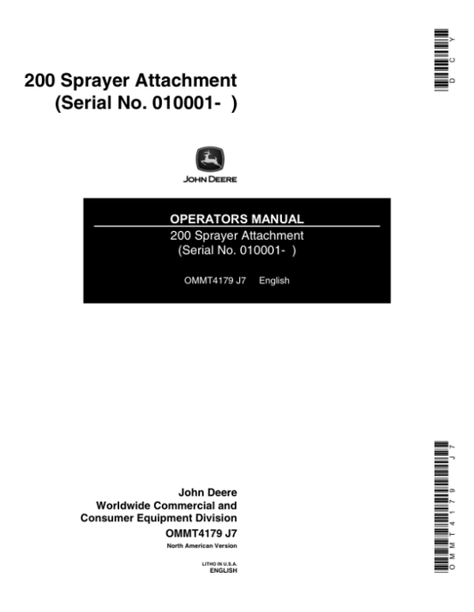 John Deere 200 Gallon Sprayer (010001-) Operator’s Manual (OMMT4179) Workshop Guide