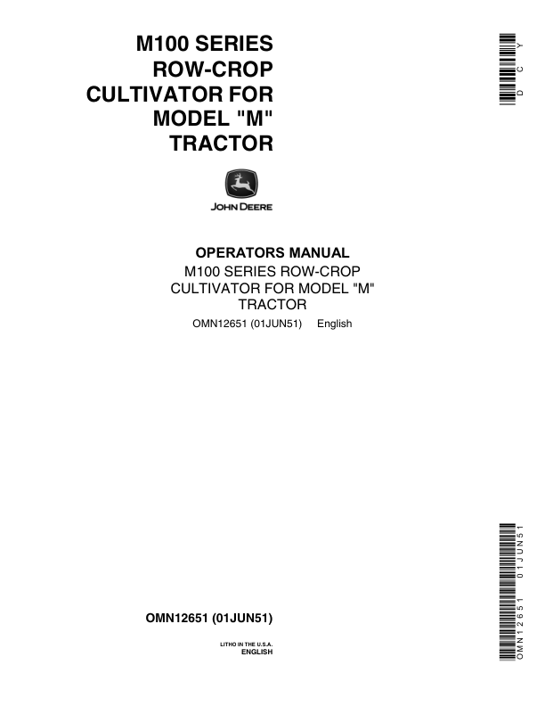 John Deere M100 Series Row-Crop Cultivator Operator’s Manual (OMN12651) Workshop Guide