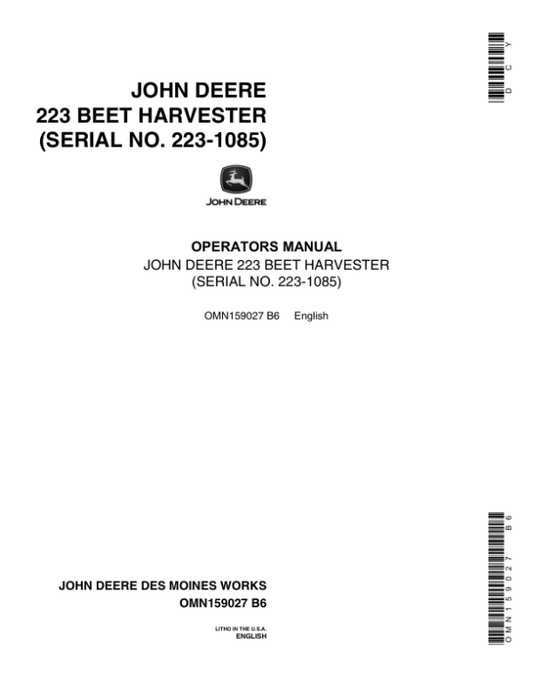 John Deere 223 Beet Harvester Operator’s Manual (OMN159027) Workshop Guide