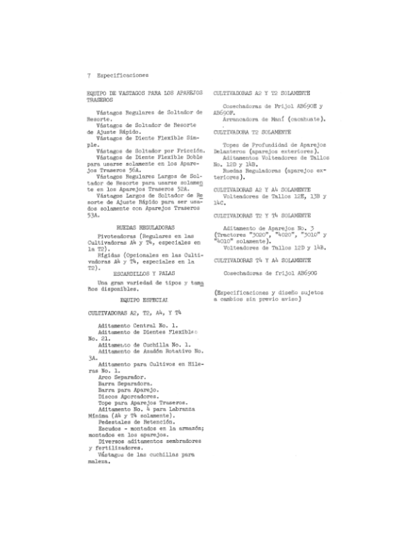 John Deere A2, T2 Two-Row, A4, T4 Four-Row Crop Cultivators Operator’s Manual (OMN159043) Workshop Guide