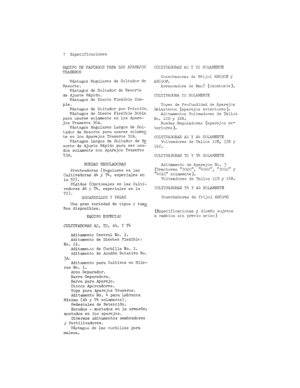 John Deere A2, T2 Two-Row, A4, T4 Four-Row Crop Cultivators Operator’s Manual (OMN159043) Workshop Guide