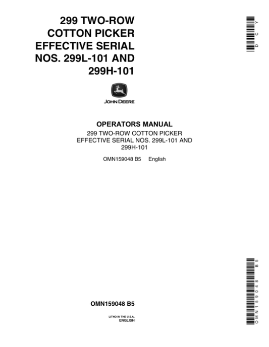 John Deere 299 Two-Row Cotton Picker Operator’s Manual (OMN159048) Workshop Guide