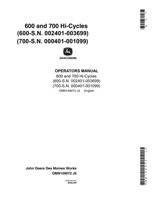 John Deere 600, 700 Hi-Cycle Tractor Operator’s Manual (OMN159072) Workshop Guide