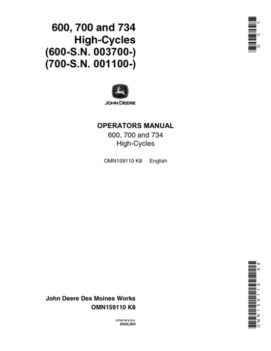 John Deere 600, 700, 734 Hi-Cycle Tractor Operator’s Manual (OMN159110) Workshop Guide