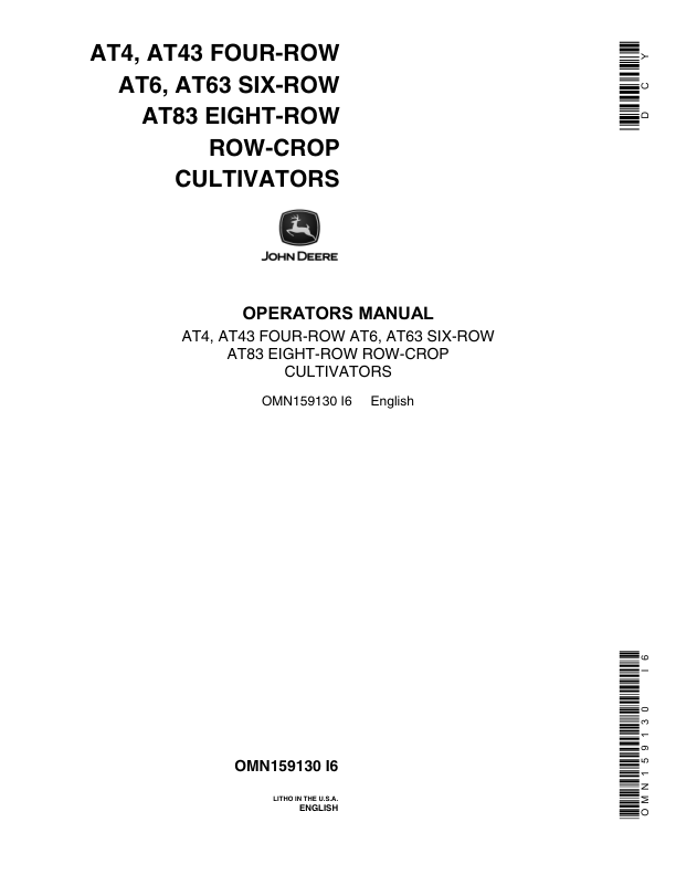 John Deere AT4, AT43, AT6, AT63, AT83 Row-Crop Cultivators Operator’s Manual (OMN159130) Workshop Guide