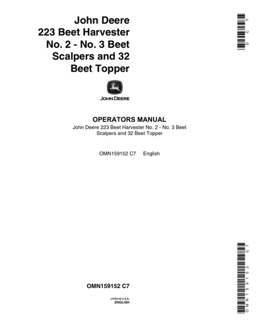John Deere 223 Beet Harvester Operator’s Manual (OMN159152) Workshop Guide