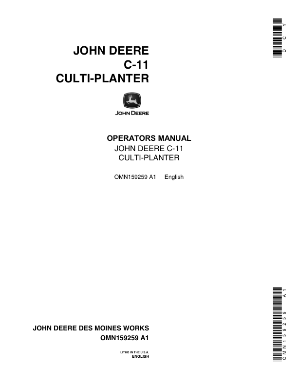 John Deere C11 Culti-Planter Operator’s Manual (OMN159259) Workshop Guide