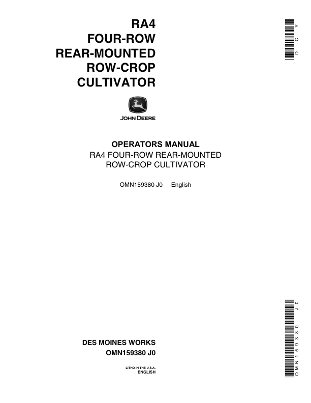 John Deere RA4 Row-Crop Cultivator Operator’s Manual (OMN159380) Workshop Guide