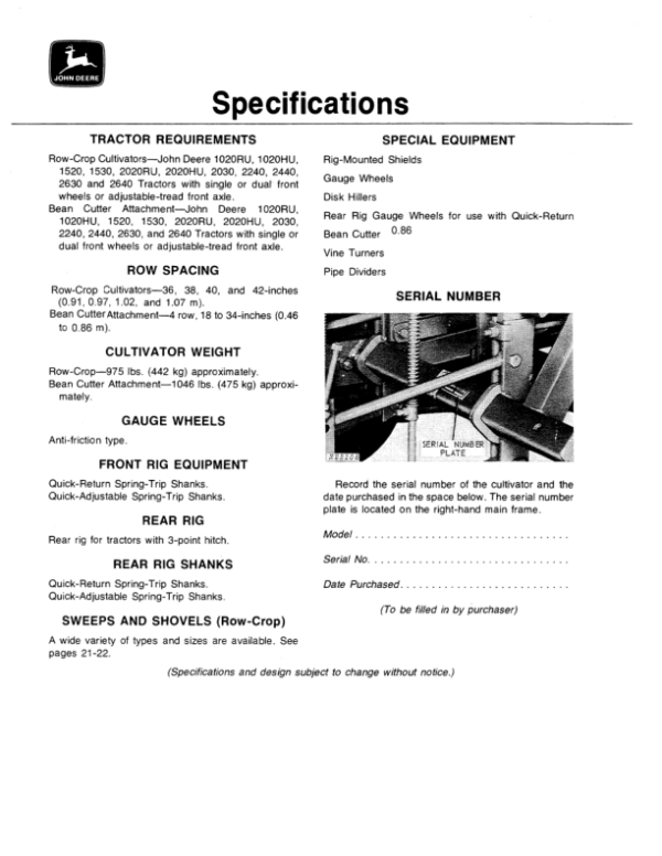 John Deere A20 Row-Crop Cultivator (00187- ) Operator’s Manual (OMN159524) Workshop Guide