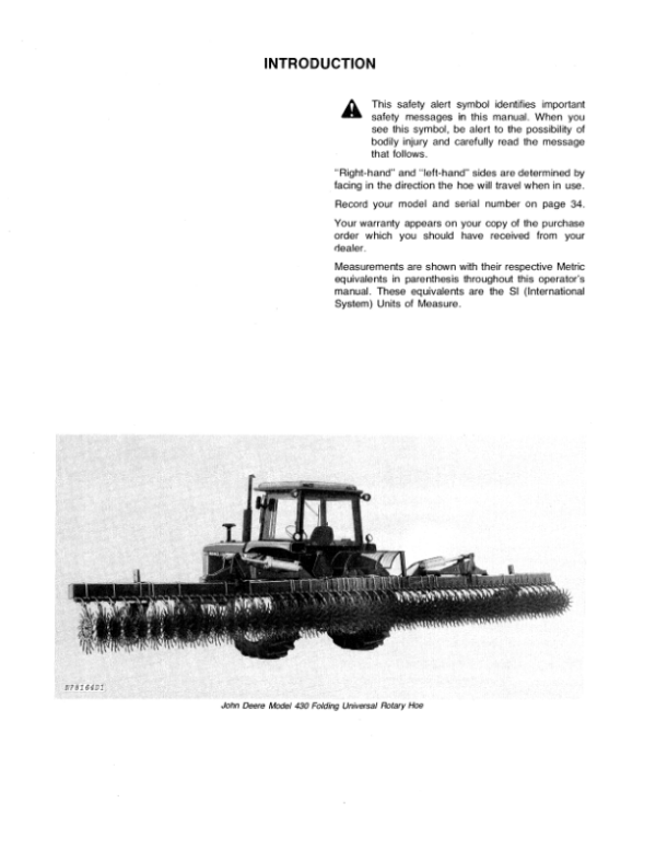 John Deere 400 Series Folding Universal Rotary Hoes Operator’s Manual (OMN159547) Workshop Guide