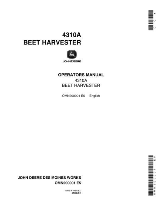 John Deere 4310A Beet Harvester Operator’s Manual (OMN200001) Workshop Guide
