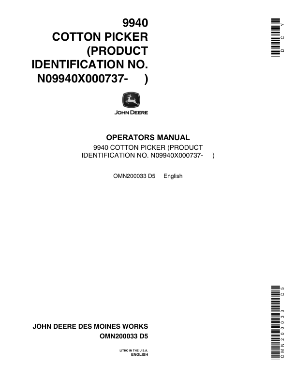 John Deere 9940 Cotton Picker Operator’s Manual (OMN200033) Workshop Guide