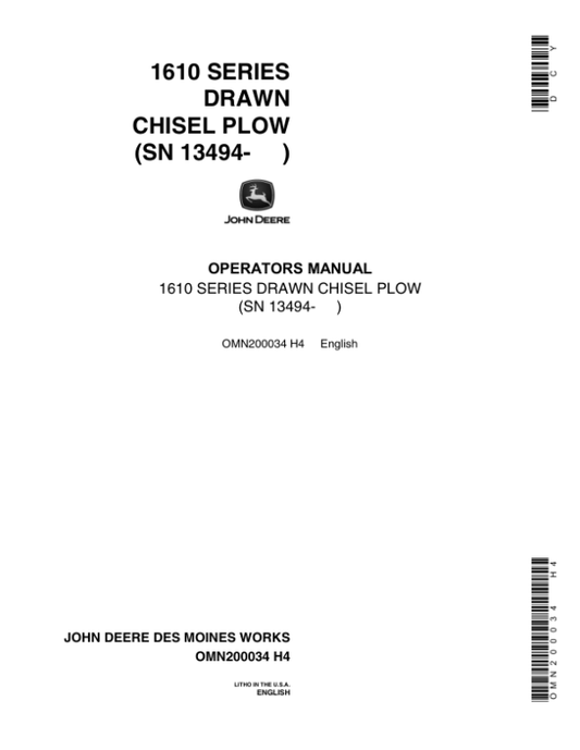 John Deere 1610 Chisel Plow, Drawn Operator’s Manual (OMN200034) Workshop Guide