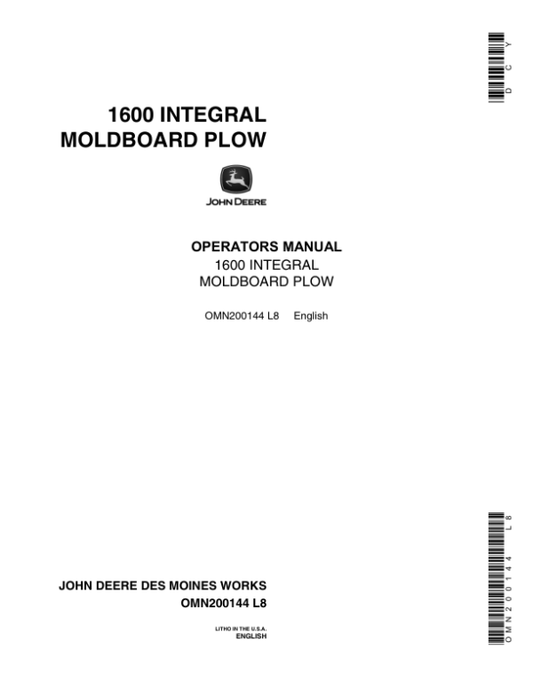 John Deere 1600 Moldboard Plow Operator’s Manual (OMN200144) Workshop Guide