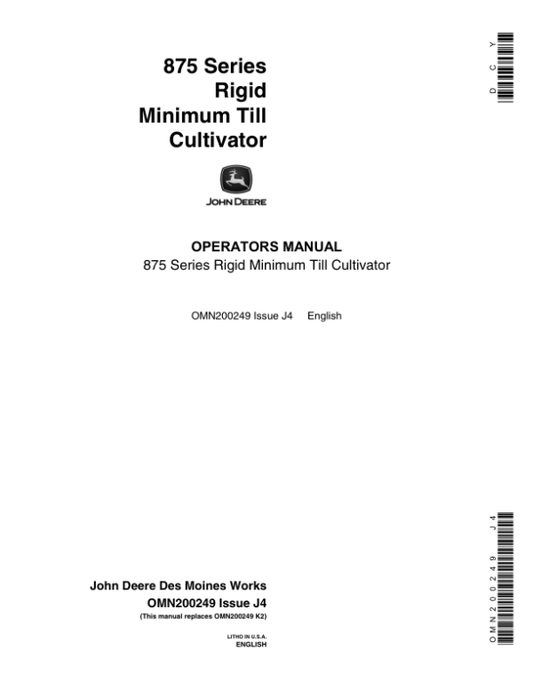 John Deere 875 Series Rigid Min-Till Cultivator Operator’s Manual (OMN200249) Workshop Guide