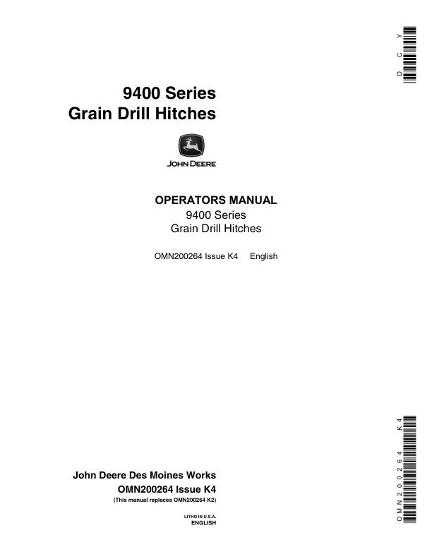 John Deere 9400 Series Grain Drill Hitches Operator’s Manual (OMN200264) Workshop Guide