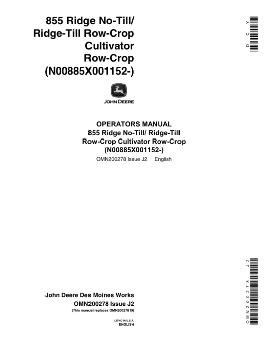 John Deere 885 Rigid Row-Crop Cultivator (001152 – ) Operator’s Manual (OMN200278) Workshop Guide