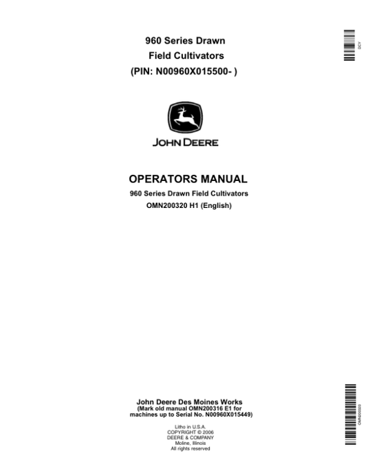 John Deere 960 Drawn Field Cultivator (015500 -) Operator’s Manual (OMN200320) Workshop Guide