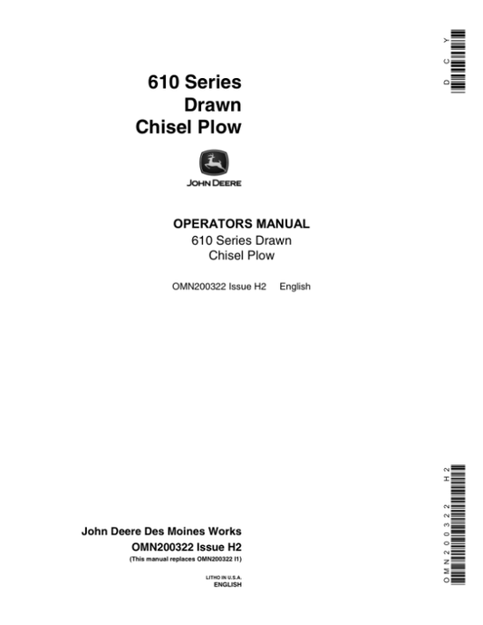 John Deere 610 Drawn Chisel Plow Operator’s Manual (OMN200322) Workshop Guide