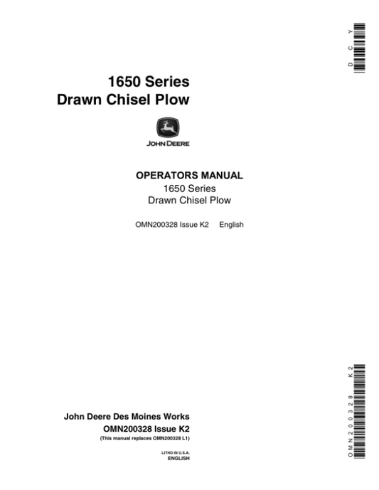 John Deere 1650 Series Drawn Chisel Plow Operator’s Manual (OMN200328) Workshop Guide