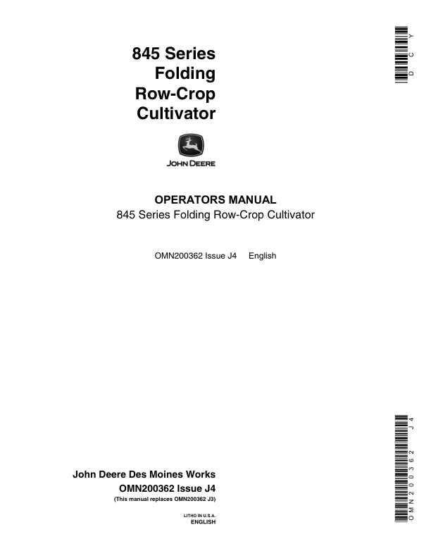 John Deere 845 Series Folding Row-Crop Cultivator Operator’s Manual (OMN200362) Workshop Guide