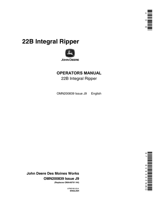 John Deere 22B Integral Ripper Operator’s Manual (OMN200839) Workshop Guide