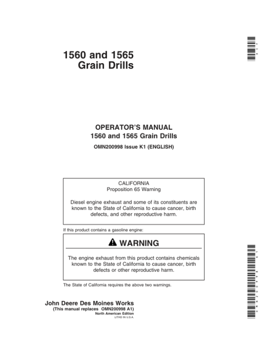 John Deere 1560 & 1565 Grain Drills North America Operator’s Manual (OMN200998) Workshop Guide