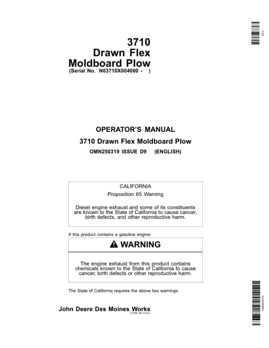 John Deere 3710 Drawn Flex Moldboard Plow (004000-004399) Operator’s Manual (OMN250319) Workshop Guide