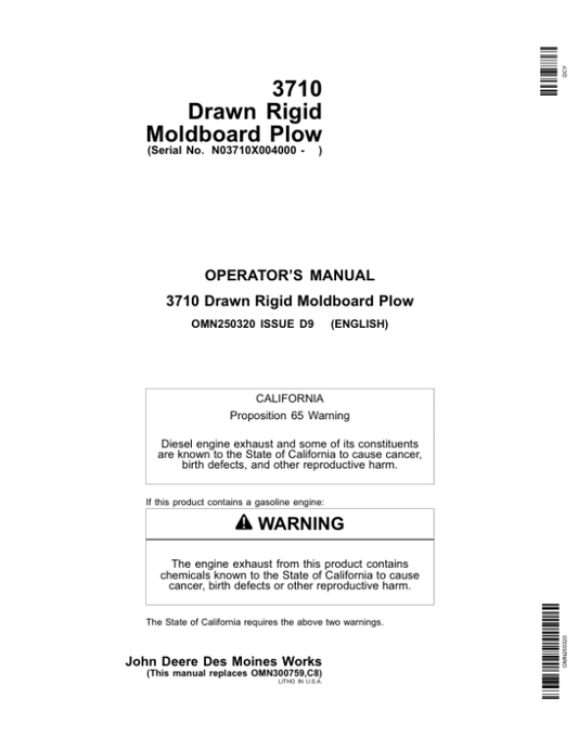John Deere 3710 Drawn Rigid Moldboard Plow (004000-) Operator’s Manual (OMN250320) Workshop Guide