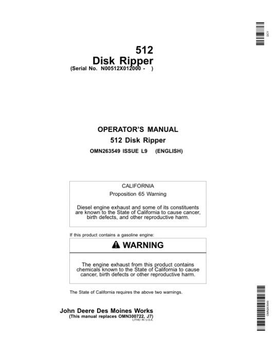 John Deere 512 Disk Ripper (012000-) Operator’s Manual (OMN263549) Workshop Guide