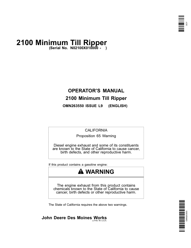 John Deere 2100 Minimum Till Ripper Export Edition (010000-011999) Operator’s Manual (OMN263550) Workshop Guide