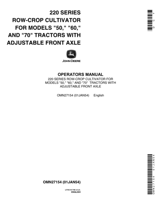 John Deere 220 Series Row-Crop Cultivator Operator’s Manual (OMN27154) Workshop Guide