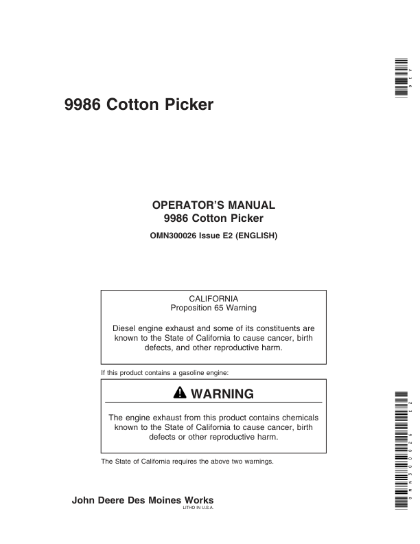John Deere 9986 Cotton Picker (- 014000) Operator’s Manual (OMN300026) Workshop Guide