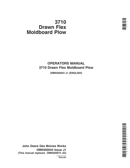 John Deere 3710 Drawn Flex Moldboard Plow Operator’s Manual (OMN300044) Workshop Guide