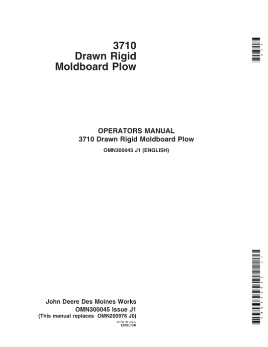 John Deere 3710 Drawn Rigid Moldboard Plow Operator’s Manual (OMN300045) Workshop Guide