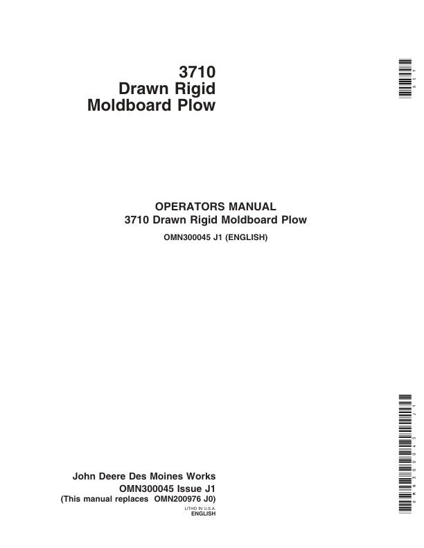 John Deere 3710 Drawn Rigid Moldboard Plow Operator’s Manual (OMN300045) Workshop Guide