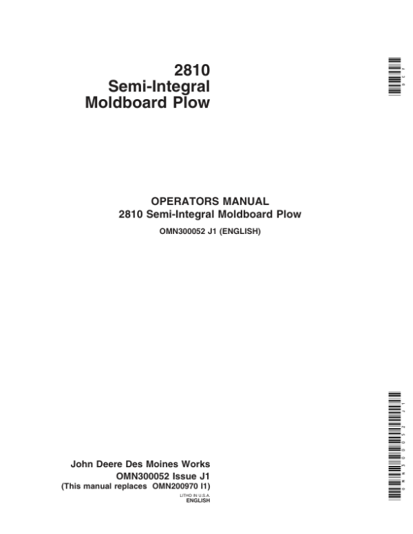 John Deere 2810 Semi-Integral Moldboard Plows Operator’s Manual (OMN300052) Workshop Guide