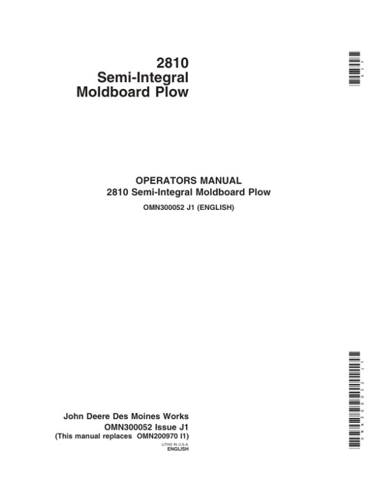 John Deere 2810 Semi-Integral Moldboard Plows Operator’s Manual (OMN300052) Workshop Guide