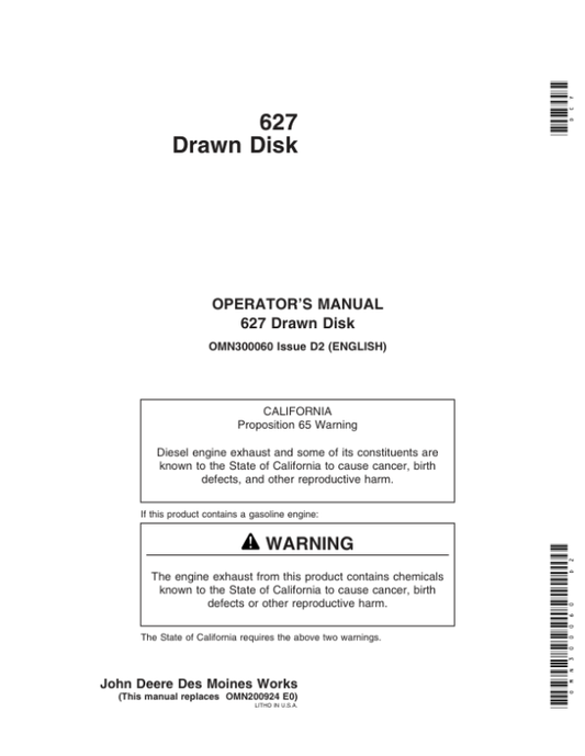 John Deere 627 Drawn Disk Operator’s Manual (OMN300060) Workshop Guide