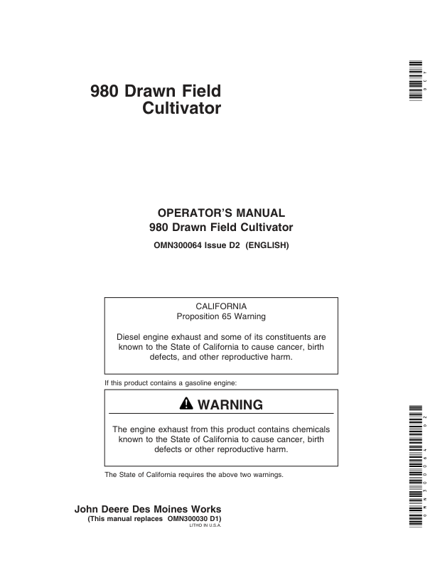 John Deere 980 Series Drawn Field Cultivator Operator’s Manual (OMN300064) Workshop Guide