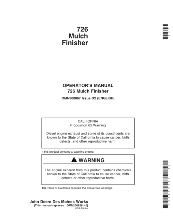 John Deere 726 Mulch Finisher Operator’s Manual (OMN300067) Workshop Guide
