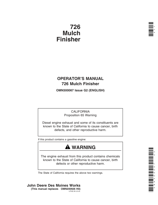 John Deere 726 Mulch Finisher Operator’s Manual (OMN300067) Workshop Guide