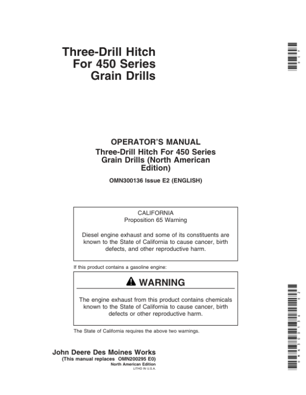 John Deere Three-Drill Hitch for 450 Series Grain Drills Operator’s Manual (OMN300136) Workshop Guide