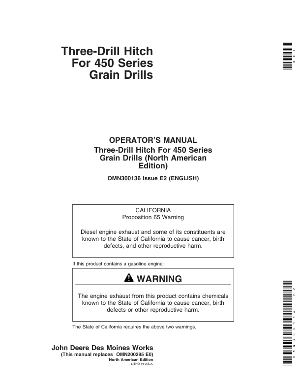 John Deere Three-Drill Hitch for 450 Series Grain Drills Operator’s Manual (OMN300136) Workshop Guide