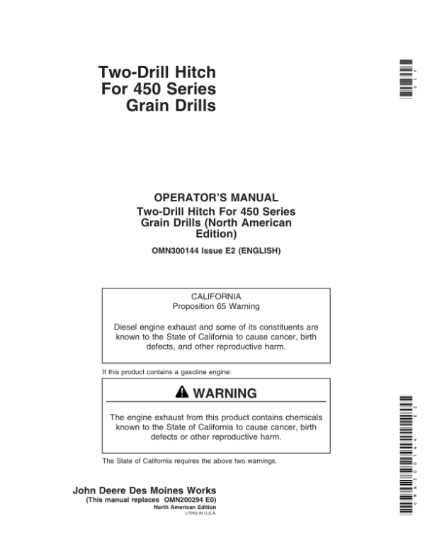 John Deere Two-Drill Hitch for 450 Series Grain Drills Operator’s Manual (OMN300144) Workshop Guide
