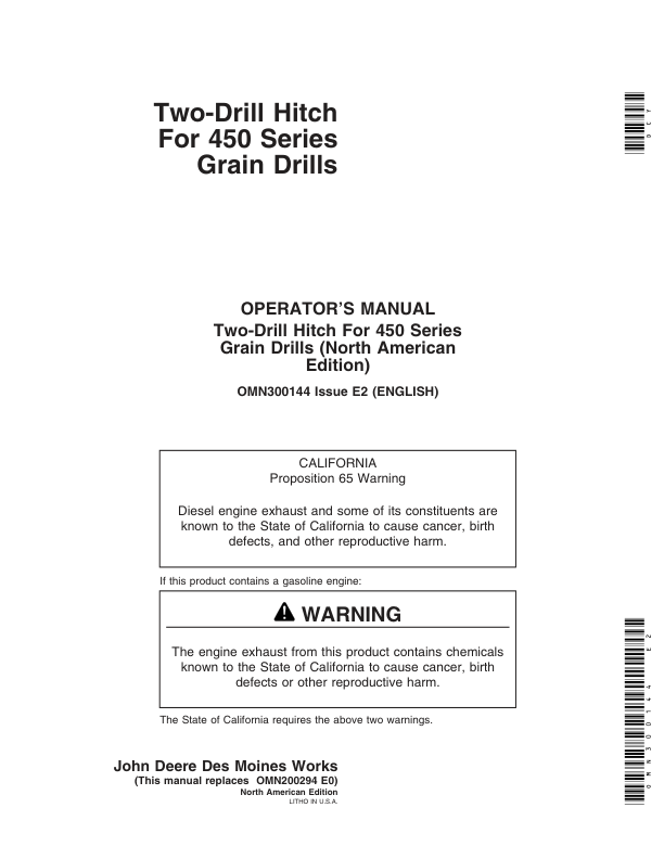 John Deere Two-Drill Hitch for 450 Series Grain Drills Operator’s Manual (OMN300144) Workshop Guide