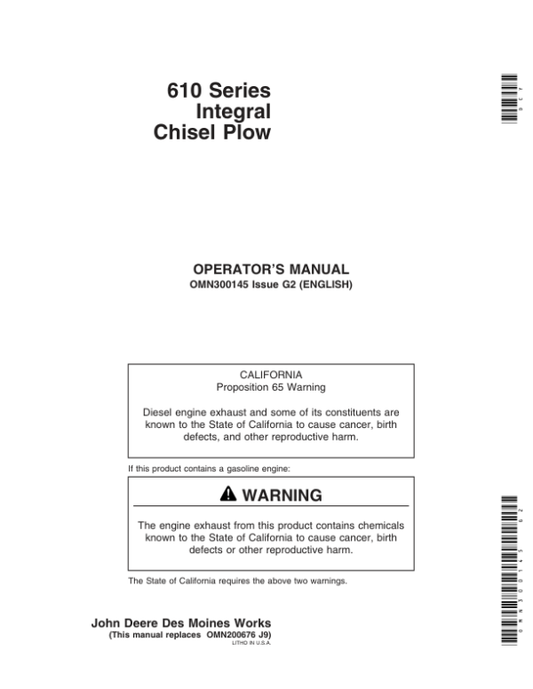 John Deere 610 Series Integral Chisel Plow Operator’s Manual (OMN300145) Workshop Guide