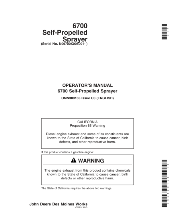John Deere 6700 Self-Propelled Sprayer (008001-010000) Operator’s Manual (OMN300165) Workshop Guide