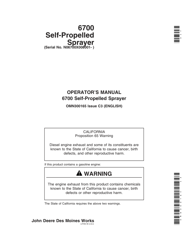 John Deere 6700 Self-Propelled Sprayer (008001-010000) Operator’s Manual (OMN300165) Workshop Guide
